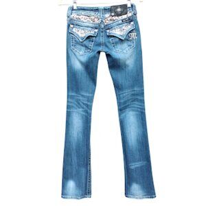 MISS ME | Bootcut Low Rise Extra Long 37" Inseam Dark Wash Embellished Jeans 25